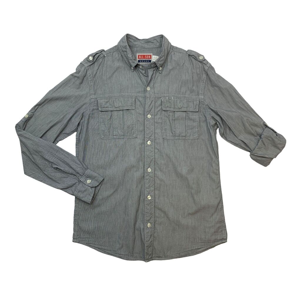 All-Son Brand Shirt Mens S Small Mini Striped Long Sleeve Cotton w/ 2 Pockets